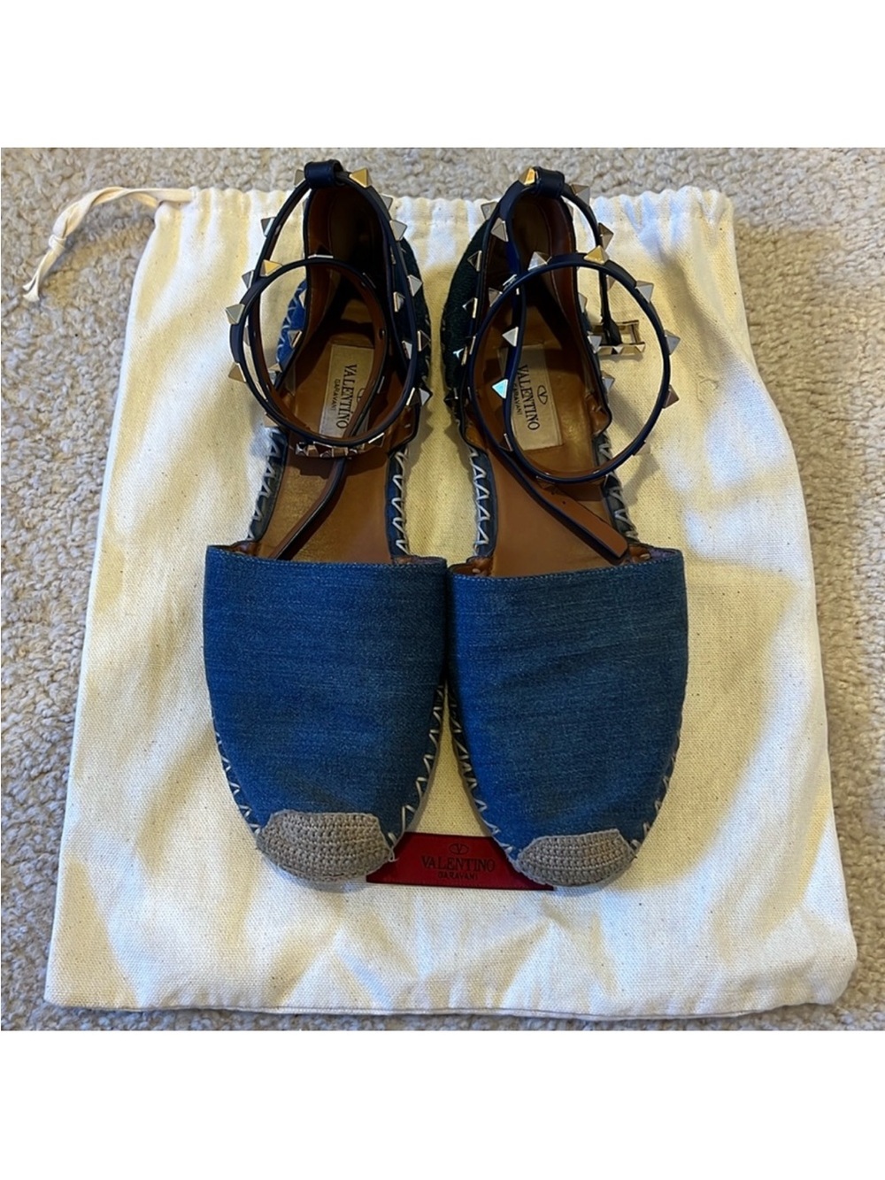 Valentino Denim Espadrille Flats with Black Studded Ankle Straps